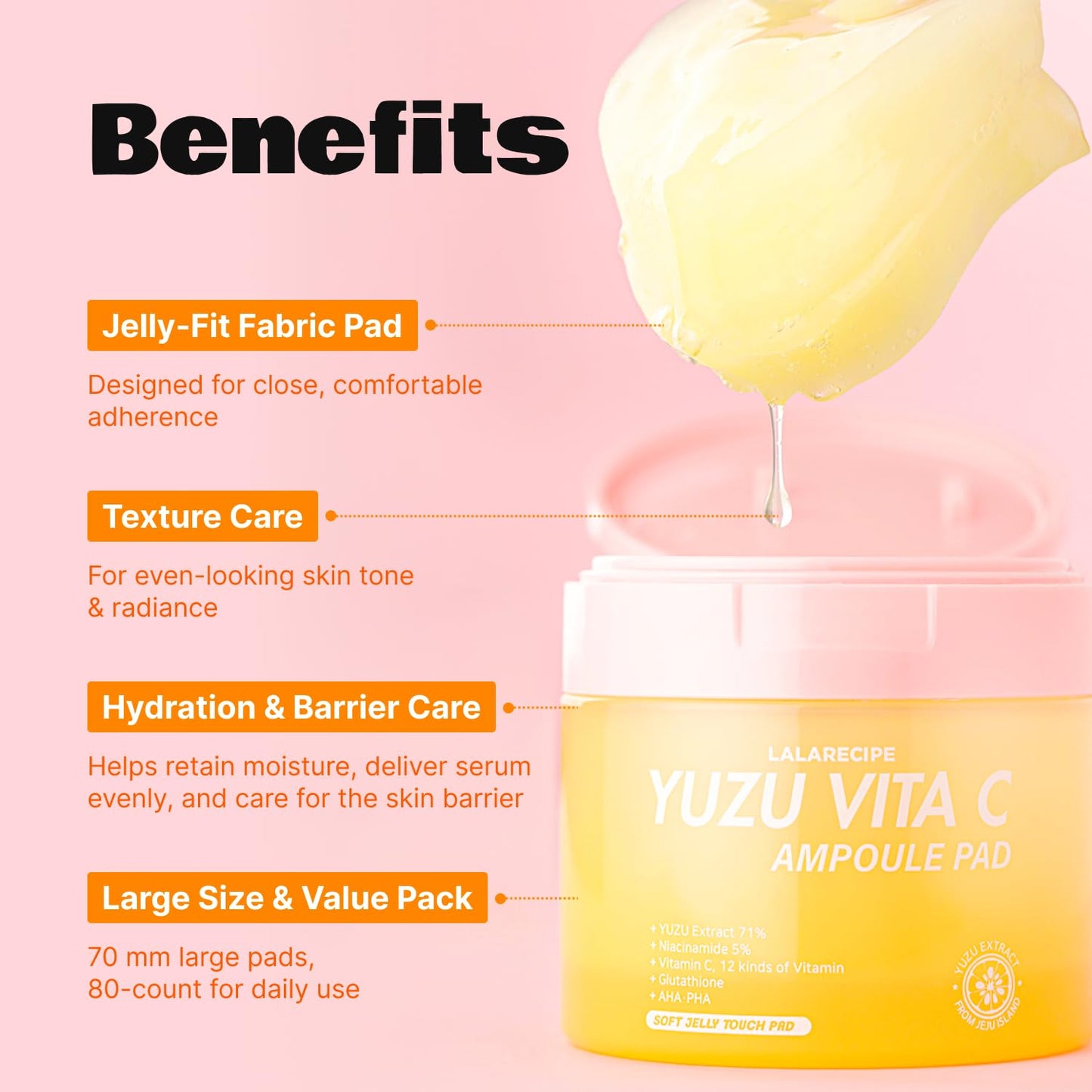 LALARECIPE Yuzu Vitamin C Toner Pads, 71% Yuzu Extract with 5% Niacinamide & 12 Vitamins, Exfoliating with Glutathione AHA PHA, For All Skin Types, Korean Skin Care, 80 Pads (5.07 Fl Oz)