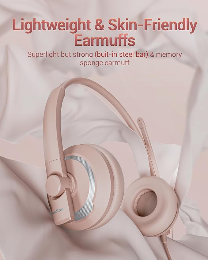 awatrue Computer USB Headset with Microphone for PC Laptop - WiredHeadphones with in-Line Control, Lightweight, Enhanced Sound & MIC Mute(Pink)