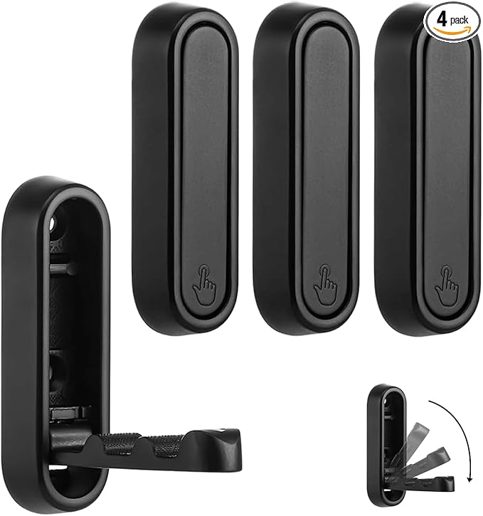 YipuVR 4PCS Gold Foldable Wall Hooks, Metal Folding Hooks Wall Mount, Easy Installation, Suitable for Bathroom Kitchen, Flip Down Hook for Wal l Hanging Coat, Bag, Towel, Key, Hat (Black)