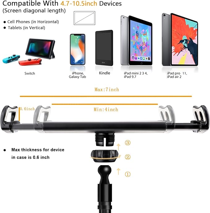 SRMATE Gooseneck Tablet Kindle Holder Stand for Bed Reading,33in Flexible Long Arm Clamp Clip Mount for iPad, iPhone, Galaxy Tabs, Switch, Kindle Fire, Phone 4.7''-10.5'' Tablet Devices