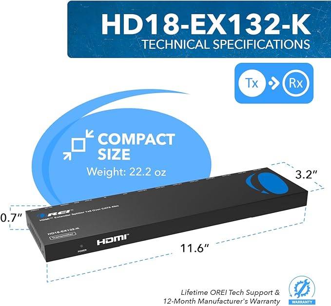 OREI HDMI Extender Splitter 1x8 – HDMI Over Ethernet Splitter up to 132ft at 4K@30Hz & 230ft at 1080p@60Hz with EDID, Loop Out, IR Control, Power Over Ethernet