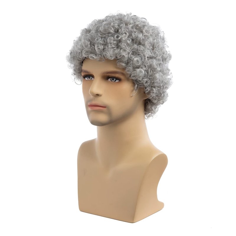 Wiwige Grey Afro Wig for Men Short Curly Halloween Disco Rock Heat Resistant Synthetic Wigs with Wig Cap