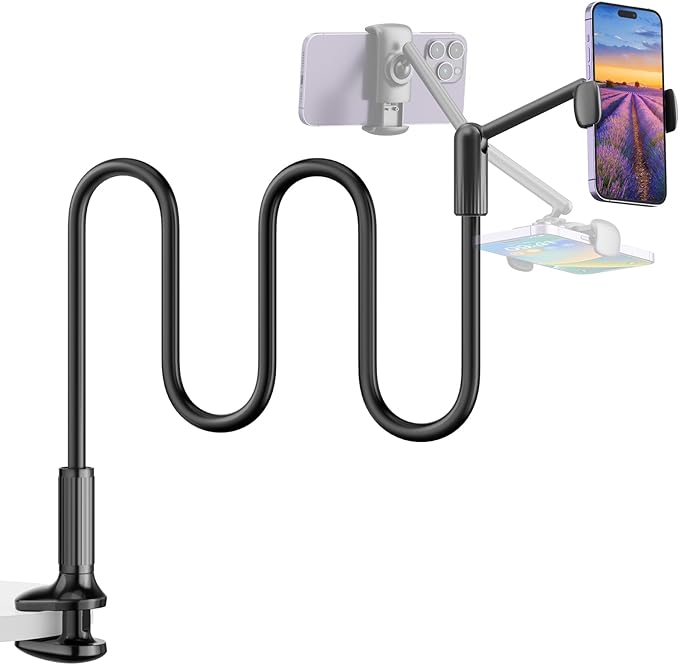 SAIJI Gooseneck Phone Holder for Bed, 360° Rotate Support Rod One-Hand Adjustable Cell Phone Stand, Compatible with All 4.7-7" Devices (White)