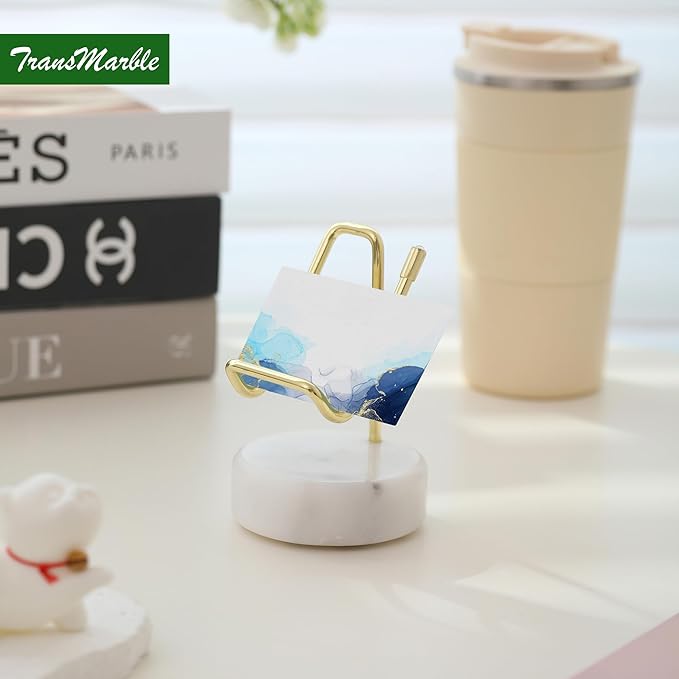 TransMarble Marble Phone Stand with Metal Holder, Charging Available While Using, Swipe Up to Unlock, Made of Natural Marble as Business Card Holder for Office Desk (Starry White + Gold)