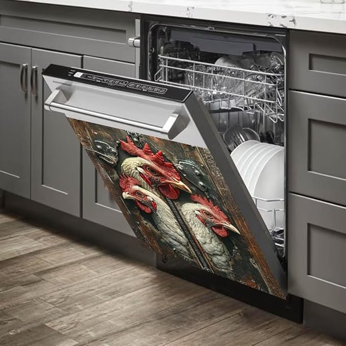 Wood Board and Rooster Painting Dishwasher Magnet Cover,Fridge,Refrigerator Magnetic Panel Decals,Home Appliances Cabinet Magnets Sticker 23W x 26H inchs