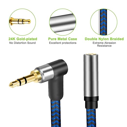 GGMTY 3FT 3.5mm Audio Extension Cable, 90-Degree Right Angle Aux Extender Cord (Male to Female), Nylon Braided TRS Stereo Audio Jack Adapter for Car, PC, Speakers, Headphones (No Mic Support)