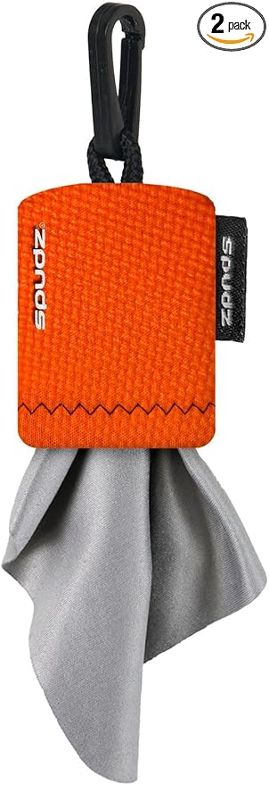 SPUDZ Ultra Microfiber Lens Cleaner with Closeable Bottom – Clip-On Pouch, Washable – for Binoculars, Scopes, Glasses, Screens | Ultra Blaze Orange, 6 x 6 Inch (2-Pack)