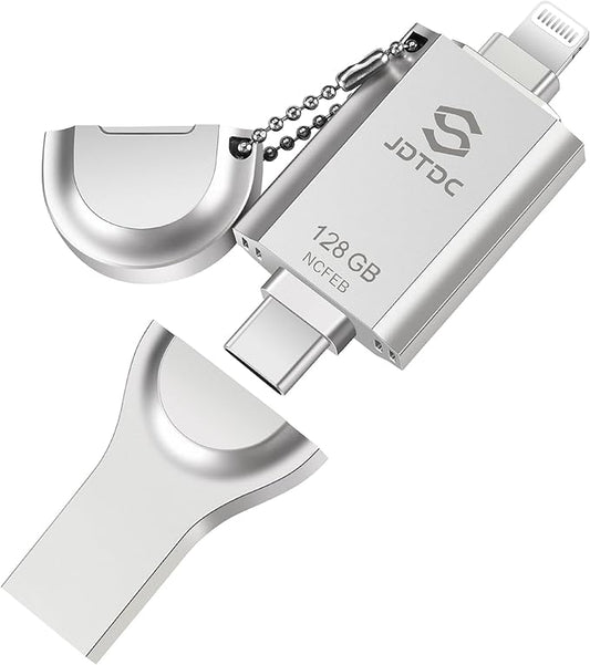 Genuine Apple MFi Certified 3 in 1 iPhone Flash Drive 128GB - Real Capacity Storage - Secure Encrypted Auto Backup Photo Stick for iPhone/iPad/Android/PC External Storage Easily Store & Transfer Files