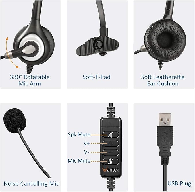 Wantek USB Headset with Microphone Noise Cancelling & Audio Controls, Computer Headphones for PC Laptop, Business, Home Office, Call Center, Skype, Zoom, Webinar, Clear Chat, Super Light,Single