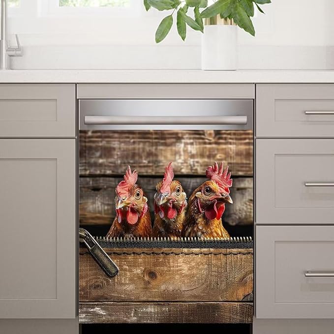 Wood Board and Rooster Pattern Dishwasher Magnet Cover Sticker Magnetic Refrigerator Panel Sticker Decorative Front Door Decal 23W x 17H inchs