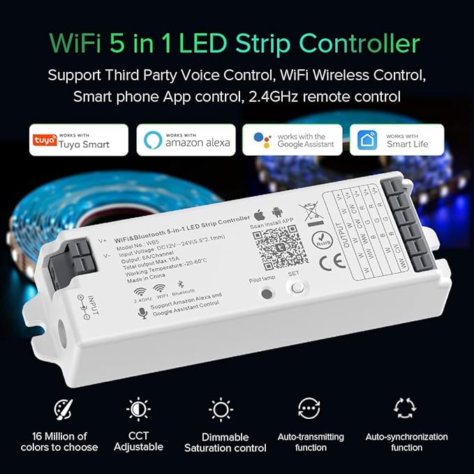 BTF-LIGHTING 5-in-1 WB5 2.4GHz WiFi LED Controller, PWM Dimmer Compatible with Alexa/Google Home/Tuya Smart/Smart Life APP, for Dimming/CCT/RGB/RGBW/RGBCCT Strip Light, Work with WR01RF, WR02RF, etc.