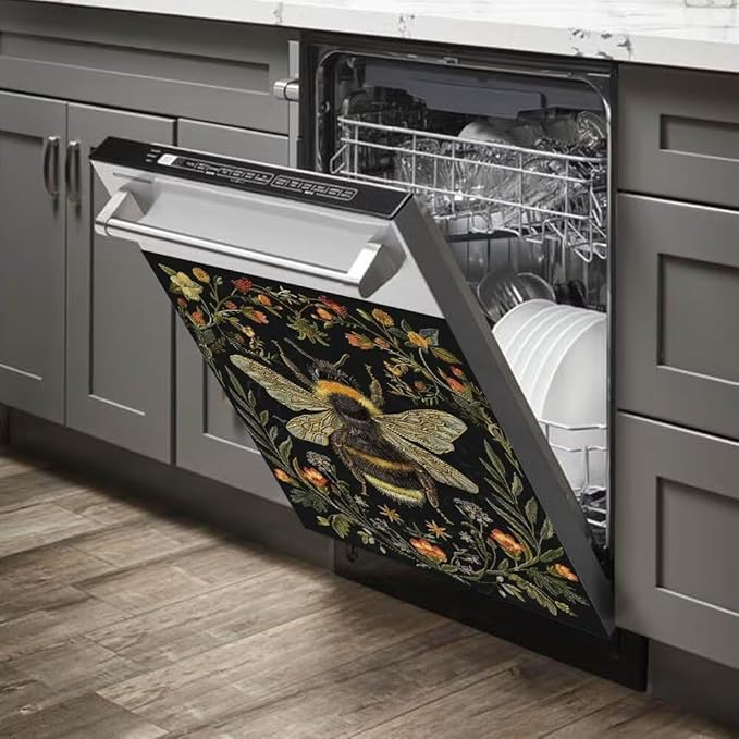Flower and Bee Painting Dishwasher Magnetic Cover Sticker Refrigerator Fridge Magnet Panel Decal Magnets Home Kitchen Fridge Front Door Cover 23W x 26H inchs