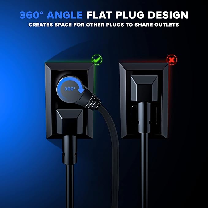 Maximm Cable 20 Ft 360° Rotating Flat Plug Extension Cord, 16/3 AWG Multi 3 Outlet 3-Prong Grounded Wire- Black - UL Certified