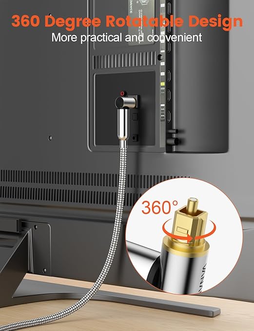 VANAUX 90-Degree Optical Audio Cable 6FT,Premium Fiber Optic Toslink Cable(24K Gold-Plated Connectors,Aluminum Alloy Shell,Braided Jacket)Ideal for Tight Spaces,Home Theater,Soundbars,Gaming Consoles