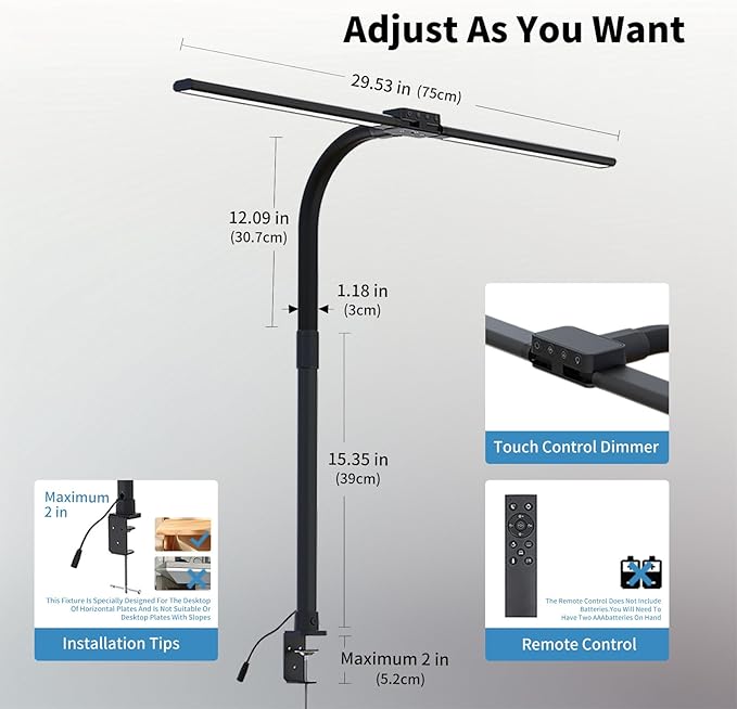 CRLIVOING Full Spectrum LED Desk Lamp, Sun Lamp 15W Eye-Caring Table Light with CRI≥95, Flicker-Free, Low Blue Light, 2700K-6500K, Stepless Dimming, 360° Arm, Clamp Base for Office & Study