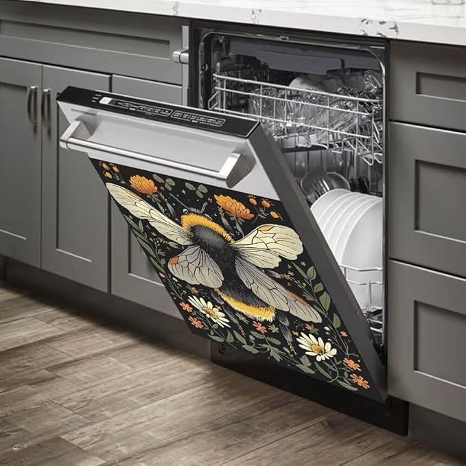 Flower and Bee Wallpaper Dishwasher Magnet Cover Sticekr,Refrigerator Magnet Cover Decal Fridge Microwave Stickers Kitchen Decor,23W x 26H inchs