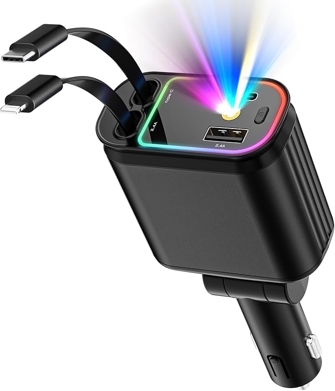 4 in 1 Retractable Car Chargers with Starlight, 66W USB C Fast Car Charger Adapter with 2 USB Ports for All iPhone 15/14/13/12/11 and for All Android (Black - RedLight)