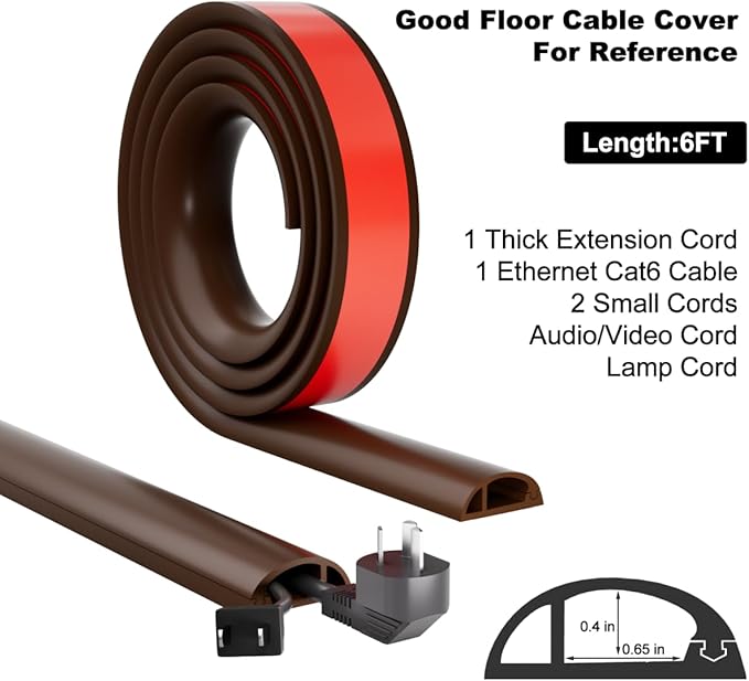 Kneelisa 6FT Side-Open Extension Cord Covers for Wires on Floor,Silicone Power Cable Protector Cord Hider Management Strip,Hide Electric Wire on Carpet,Chord Runner Protective Safety,Brown
