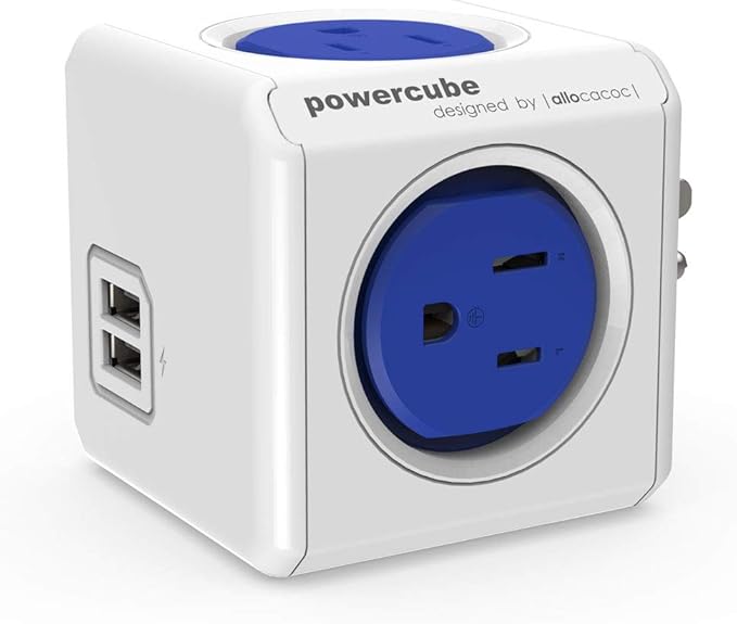 USB Wall Plug, Allocacoc PowerCube Original 4 Outlets 2 USB Ports Phone Charger Power Adapter Surge Protector Compact for Travel, Home Office Dorm Space Saving, 125V 15A 1875Watt ETL Certified Blue