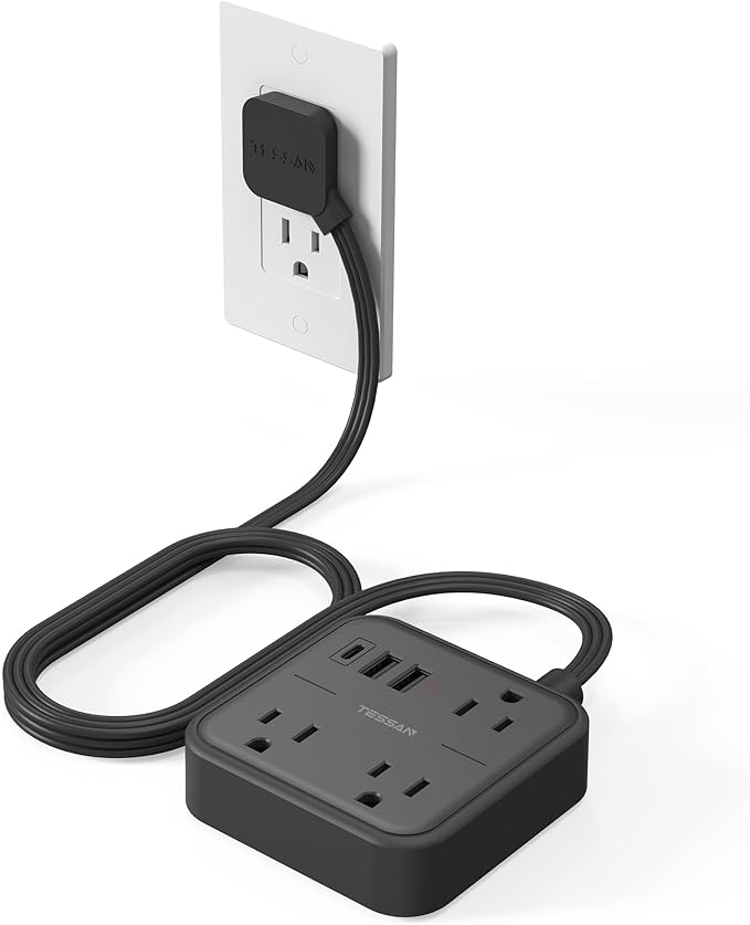 TESSAN Ultra Thin Flat Extension Cord 5 FT, Slim Power Strip with USB Ports (1 USB C), Surge Protector Flat Plug Wall Charger with 3 Outlets for Office, School, Dorm Room Essentials, Black