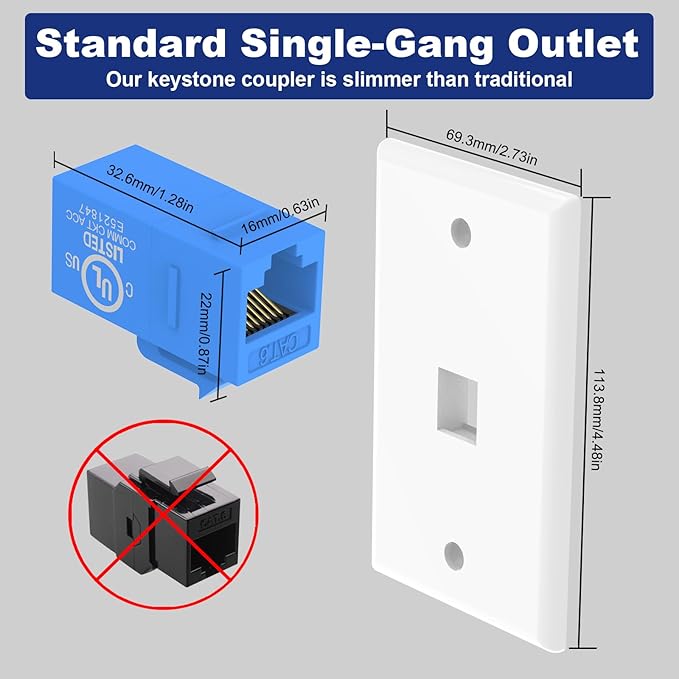 VCE Ethernet Wall Plate (UL-Listed), 1-Port CAT6 Wall Plate and Jack, RJ45 Keystone Outlet with Single Gang Low Voltage Mounting Bracket, Blue 2-Pack