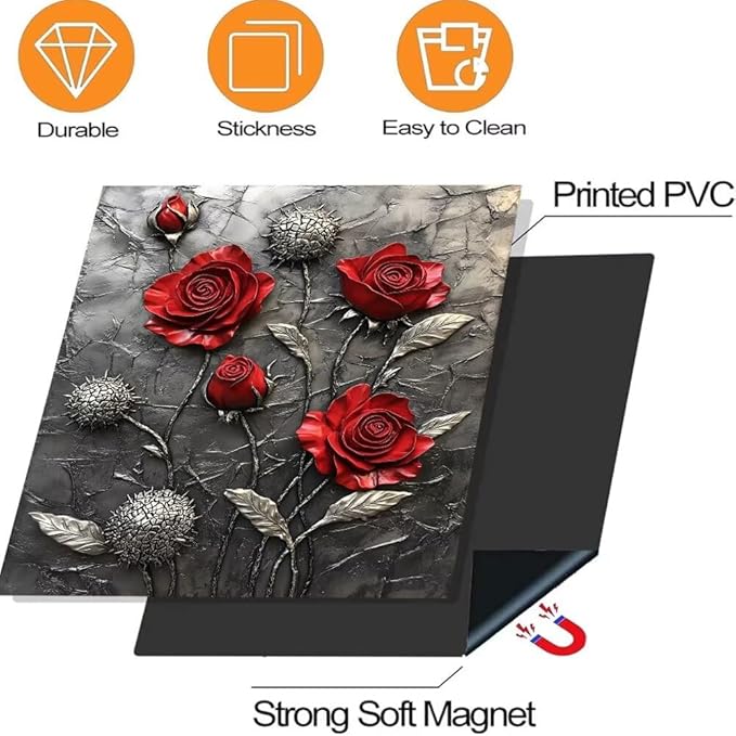 Kitchen Decor Dishwasher Magnet Cover Decal, Metal Red Roses on Gray Textured with Silver Leaves Magnetic Dish Washer Door Vinyl Sticker, Refrigerator Magnets,Easy to Clean, 23 x 26 inch