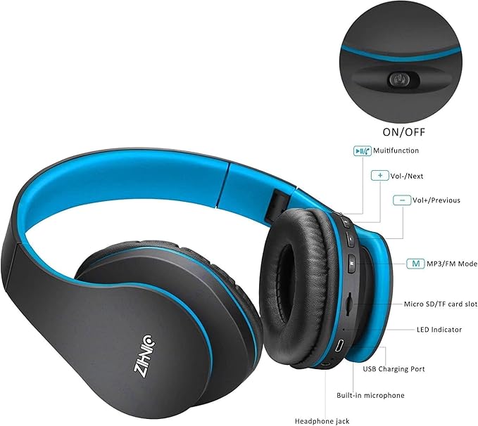 ZIHNIC Bluetooth Headphones Over-Ear, Black/Blue