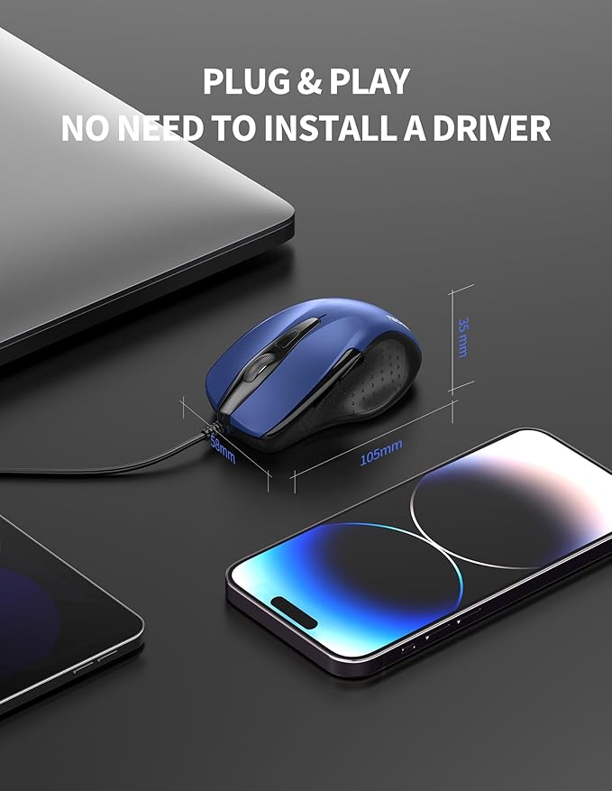 TECKNET USB Wired Mouse, 6-Button Corded Mouse with 2 Adjustable DPI, Optical Computer Mouse with Ergonomic Design and 5FT Cord for Laptop, Chromebook, PC, Desktop, Mac, Notebook-Blue