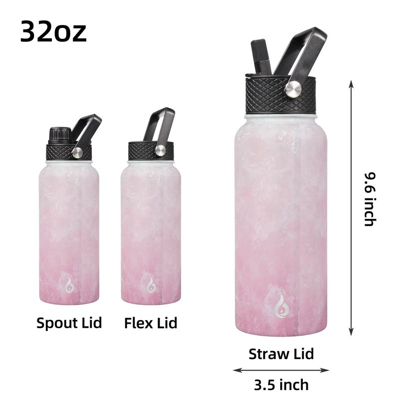 BJPKPK Insulated Water Bottles with Straw Lid, 32oz Metal Large Water Bottle with 3 Lids, Reusable Leak Proof BPA Free Thermo, Stainless Steel Tumblers for Sports, Gym, Travel-Blossom
