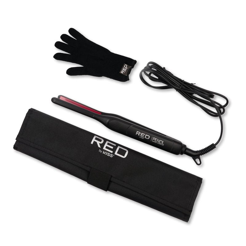 Red by Kiss Pencil Flat Iron, 0.3 Inch Tourmaline Ceramic Mini Hair Straightener, Up to 450°F for Short to Medium Hair, Pixie Cuts, Bangs & Edges, Includes Travel Pouch & Heat-Resistant Glove