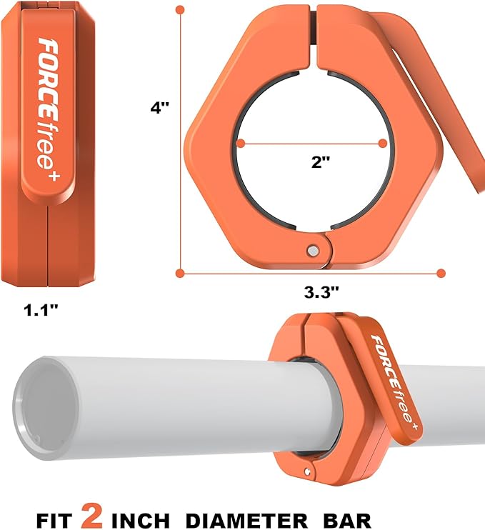 Forcefree+ Barbell Clips (Pair), Barbell Clamps, Quick Release Olympic Barbell Clamps with Anti Slip TPR Grip, Barbell Collars for Secure Weightlifting & Powerlifting (Magnetic, Orange)