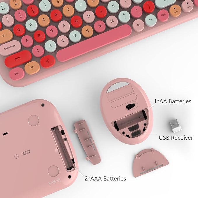 KNOWSQT Wireless Keyboard and Mouse Combo, Light Pink 100 Keys 2.4 GHz Round Keycap Typewriter Keyboards, USB Receiver Plug and Play, for Windows, PC, Laptop, Mac, Desktop