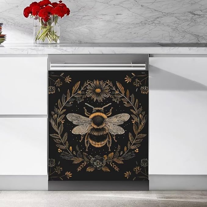 Flower and Bee Wallpaper Dishwasher Magnetic Cover Sticker Refrigerator Fridge Magnet Panel Decal Magnets Home Kitchen Fridge Front Door Cover 23W x 17H inchs