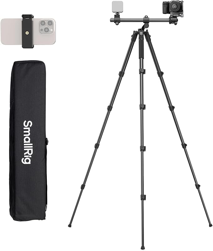 SmallRig CT25 64.5"/164cm Horizontal Overhead Tripod for iPhone & Camera, with Phone Holder & Carrying Bag, 22lb Max Load Aluminum Lightweight Camera Tripod for Overhead Shots/Live Streaming