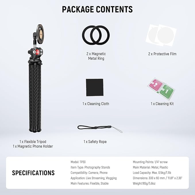 NEEWER Magnetic Flexible Phone Tripod Compatible with Magsafe iPhone 15 Pro Max 14 Series Android, Mini Vlog Cellphone Tripod Stand with Ball Head for Stroller Bike Motorcycle Tube Round Objects, TP33