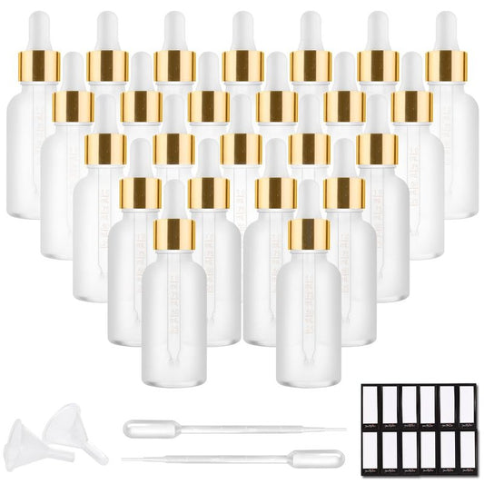 PrettyCare 1oz Glass Dropper Bottle Set of 24, Thick Rose Frosted Glass Bottles Empty with Leakproof Caps, Labels, Funnels - 30ml Eye Dropper Bottles for Storage, Travel, Essential Oils, Tincture