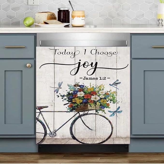 Today I Choose Joy Dishwasher Magnet Decal,Butterfly Flower Dishwasher Front Door Cover Kitchen Decor,Bike Floral Fridge Magnet Sticker,Inspring Quote Home Appliance Panel Decal 23"x26"