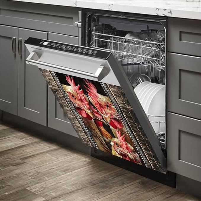 Wood Board and Rooster Pattern Dishwasher Magnet Cover,Fridge,Refrigerator Magnetic Panel Decals,Home Appliances Cabinet Magnets Sticker 23W x 17H inchs