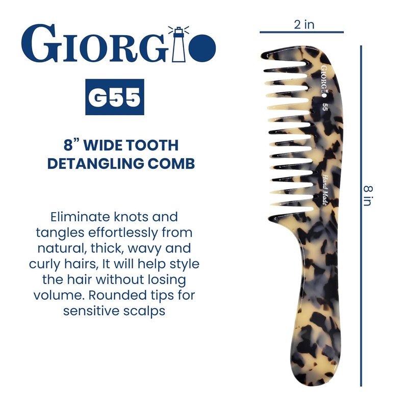 Giorgio G55 TW Wide Tooth Comb for Wet Hair Detangling Comb, Hair Comb for Thin to Medium Thickness Hair Detangler, Hair Combs for Women, Handmade Large Tooth Comb Rake Comb Saw-Cut and Hand Polished