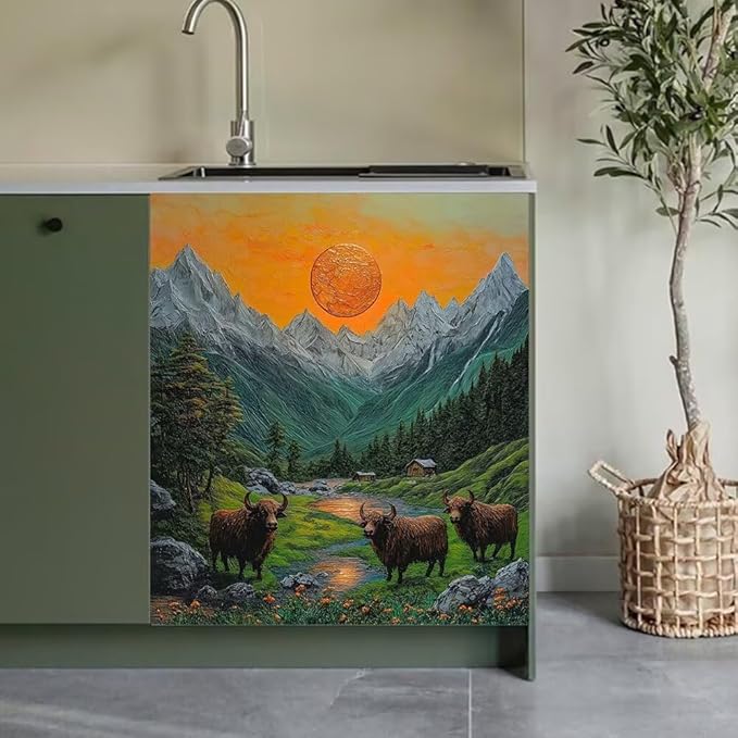 Mountain Landscape Kitchen Decor Dishwasher Magnet Cover Decal, Highland Cattle Sunset Scene Magnetic Dish Washer Panel Door Vinyl Sticker, Refrigerator Magnets,Easy to Clean, 23 x 26 inch
