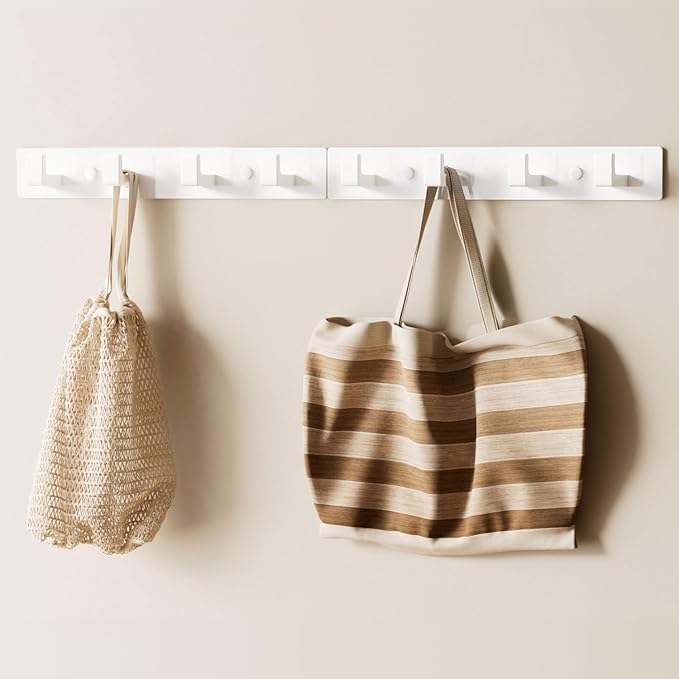 GWAAZXGZ White Wall Mounted Coat Rack - 2 Modular Rails (25'' Total), 8 Right-Angle Hooks, Modern Organizer for Entryway, Bathroom, Bedroom, Holds Coats, Towels, Hats