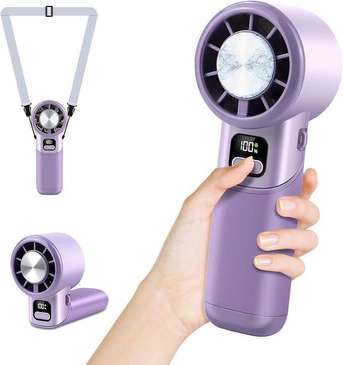 HONEYYEAR High-Speed Portable Handheld Turbo Fan with Ice Cooler, LED Display, 3600mAh Rechargeable Fan, Up to 9H Runtime, 90°Foldable Mini Fans for Travel, Commute, Outdoor, Gifts for Women Men