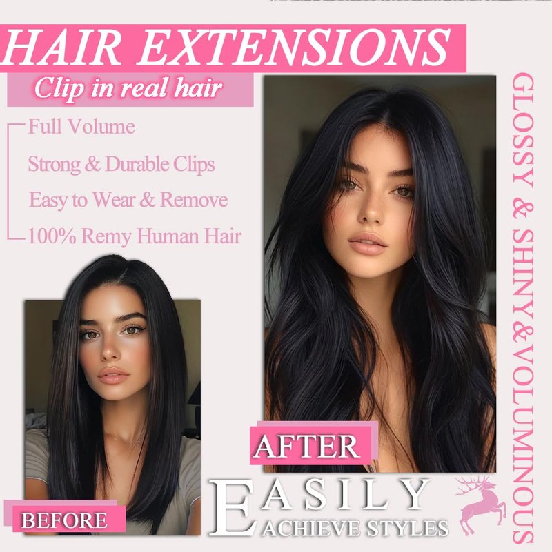 Clip In Hair Extensions - 18 Inch Invisible Seamless Real Human Hair | 1B Natural Black, 95g Double Weft