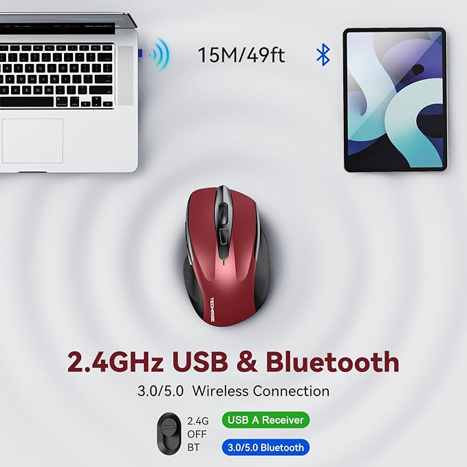 TechRise Bluetooth Mouse (BT5.0/3.0 & 2.4G) Rechargeable Wireless Mouse, 4800 DPI Optical Tracking, 6 Adjustable DPI, 2.4GHz with USB A Receiver, Quiet Clicks, Ergonomic Grips, 6 Buttons - Red