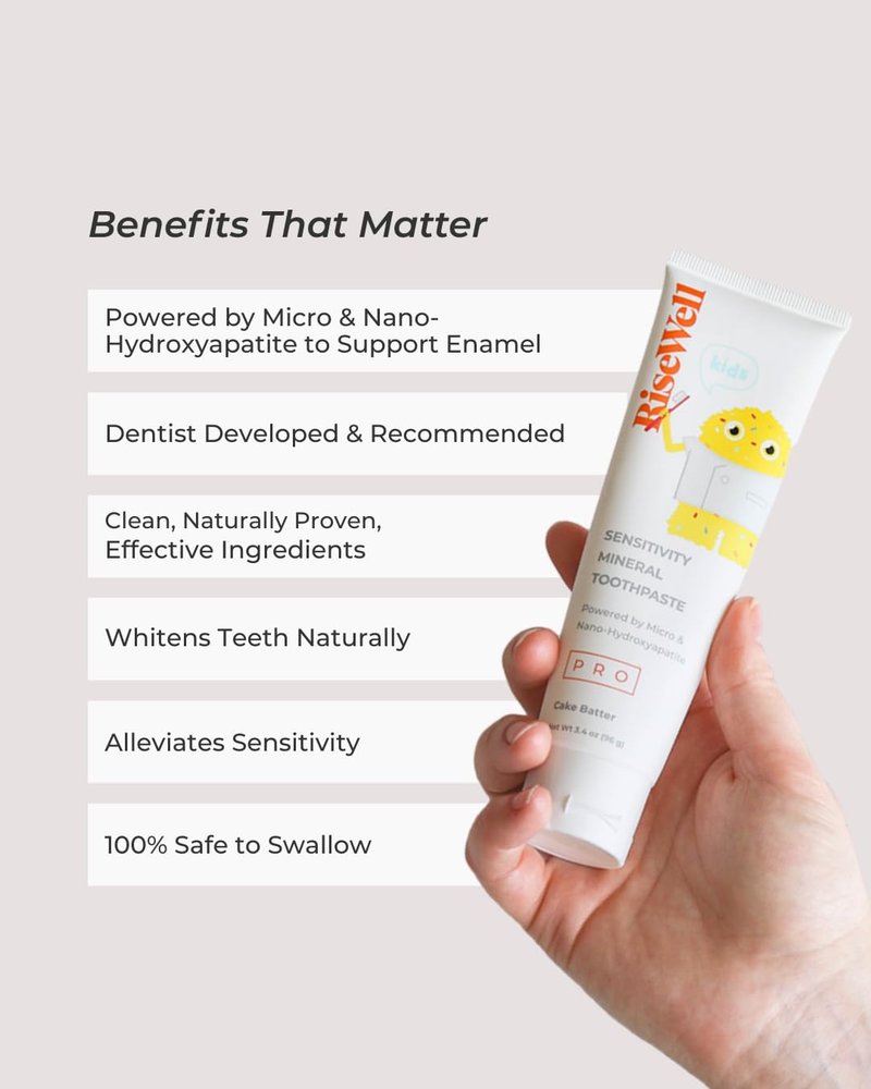 RiseWell PRO Kids Mineral Toothpaste - Micro & Nano Hydroxyapatite Toothpaste Kids - Made in USA, Natural and Safe to Swallow, Dentist Developed for Kid's Daily Oral Care (Cake Batter Flavor)