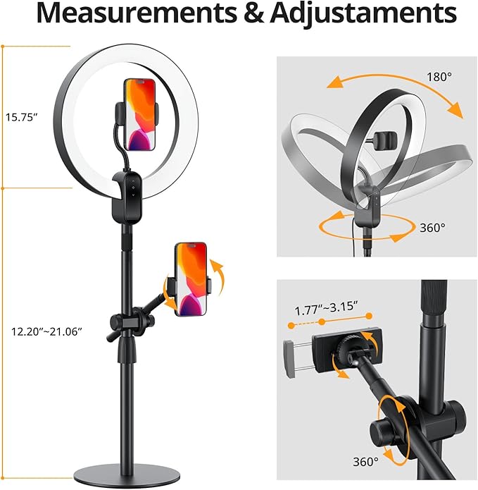 SupeDesk 12" Ring Light with Stand and Phone Holder,Overhead Phone Stand,2 Phone Holders,2700-6500K,3 Color Modes,10 Brightness Levels,Remote Control,Adjustable,Live Stream,Tiktok/YouTube