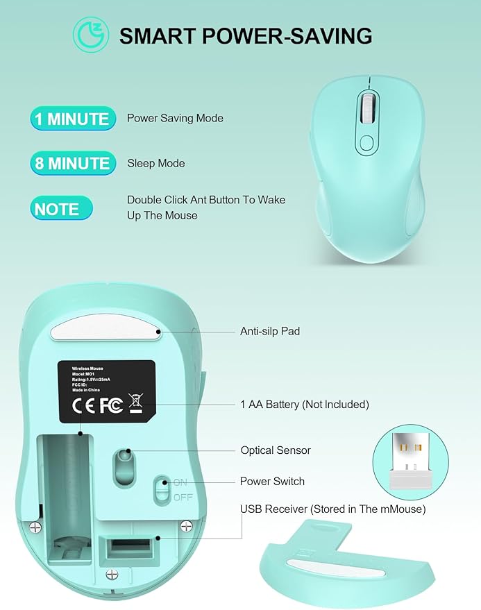 Trueque Wireless Mouse for Laptop, 2.4GHz Ergonomic Computer Mouse with Back & Forward Buttons, 3 Adjustable DPI Levels, 6 Buttons, Optical USB Cordless Mice for Windows PC, M01 (Mint Green)