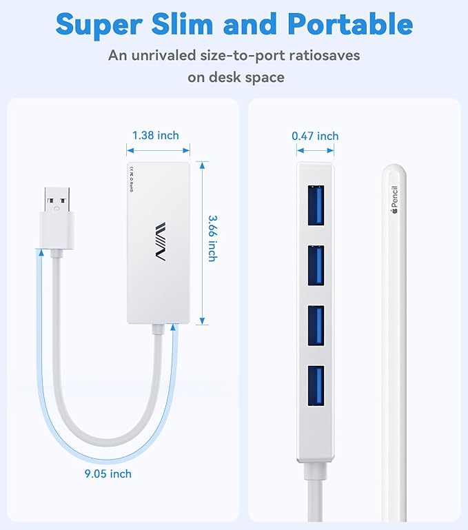 IVIIN USB 3.0 Hub, 4 Port USB Hub Splitter, USB A Expander Portable USB Adapter Multiport Data Hub for Laptop, iMac Pro, MacBook Air, Mac mini/Pro, Surface Pro, USB Flash Drives, and Mobile HDD-White