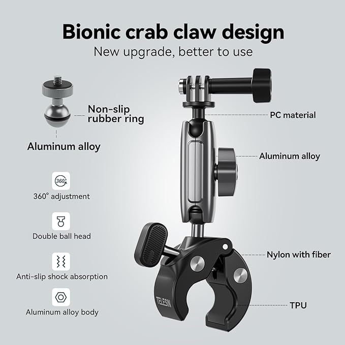TELESIN Super Clamp Camera Mount with 360° Dual Ball Head, Bike/Bicycle/Motorcycle Handlebar Mount for GoPro Mission 1 PRO/DJI Osmo Pocket 4 3/ DJI Action 6 5 4/ Insta360 Luna Ultra/Xtra Muse Camera