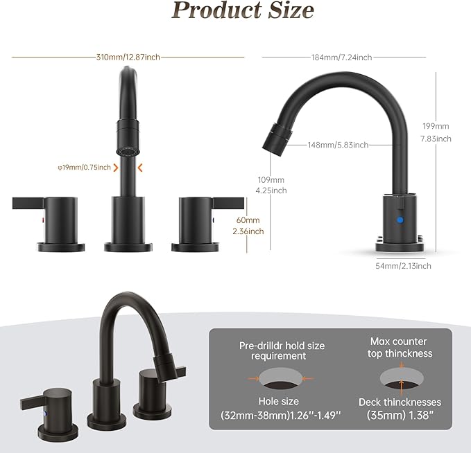 Phiestina Pull Out Sprayer Matte Black 8 Inch Bathroom Sink Faucet, Widespread 2 Handles 3 Hole Pull Down Bathroom Faucet, with Pop Up Drain and Water Supply Line, BF04022-K01-MB